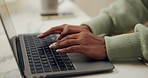 Typing, laptop and hands of woman in home for research, online report and copywriting for remote work. Freelancer, kitchen and person on computer for internet, project and planning for website review