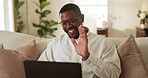 Businessman, wave and video call in home with laptop, remote work or discussion with financial advisor. Black person, greeting and conversation in house with computer, online meeting or finance plan.