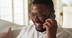 Phone call, happy and man on sofa for talking, online conversation and chatting for connection. Smile, home and African person on cellphone for speaking, networking and contact for communication