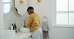 Hygiene, child and washing hands with soap in bathroom for germ removal, disinfection and cleanliness. Boy, water and cleaning dirt in sink for bacteria safety, healthcare and wellness in home