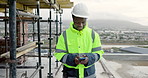 Architect, outdoor and happy man with phone on construction site, thinking and communication on web. City, civil engineer and black person with mobile, reflection and renovation plan on social media