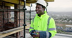 Architect, thinking and happy man with phone on construction site, outdoor and communication on web. City, civil engineer and black person with mobile, reflection and renovation plan on social media