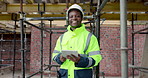 Construction, face and man with tablet on site for scaffolding inspection, punch list and happy. Foreman, black person and laugh for building development, renovation reporting and digital compliance