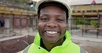 Face, man and happy on site for construction supervision, renovation project or scaffolding safety. Foreman, laughing and person outdoor for building development, masonry quality control and about us