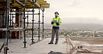 Architect, thinking and man with tablet on building site, info and planning for property development. City, civil engineering and person with technology, reflection and renovation research on website