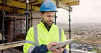 Architect, scroll and happy man with tablet on building site, info and plan for property development. Civil engineering, research and person with tech, thinking or renovation ideas on website in city