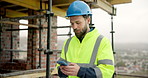 Construction, walk or man with phone on site for timesheet review, safety log or building inspection. Foreman, person or mobile app for project reporting, scaffolding compliance or progress checklist