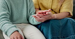 Care, holding hands and stress relief of child with parent in home for comfort or support. Calming, love and soothing technique with family in apartment together for safety, security or trust