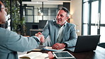 Business, merger or people in agency with handshake, greeting or negotiation in b2b deal. Networking, happy or employees in workplace with shaking hands, agreement or opportunity in partnership.