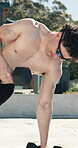 Dumbbells, fitness and summer with man outdoor for health, training or workout routine. Exercise, strength and weightlifting with shirtless person on concrete porch of home for bodybuilding session