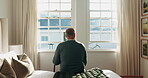 Thinking, back or old man in house with walking stick, daydream or nostalgia in calm mindset. Reflection, window and elderly person with disability, flashback or peaceful perspective in retirement.