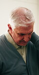 Senior man, hurt and neck pain in house, discomfort and unhappy with muscle sprain and inflammation. Retirement, home and old person with injury, joint tension and sore with arthritis symptoms