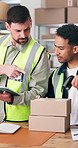 Scanner, boxes and distribution employees with tablet in workshop for courier information online. Digital technology, men and logistics workers with ecommerce confirmation with cardboard packages.