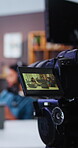 Podcast, camera or influencers in home studio with screen, content creation or talk show for live stream. Broadcast, digital or people with tech, recording interview or sharing ideas on radio program
