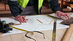 Blueprint, hands and laptop in workshop with clipboard, carpentry plan or feedback in building review. Checklist, person and scroll with digital tech, report or evaluation on woodwork project