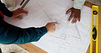 Architecture, team and hands with floorplan for planning, design update and pointing at changes. Above, men and blueprint at worksite for engineering, explain infrastructure and project management