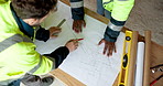 Architecture, team and men with blueprint for design update, planning and pointing at changes. Above, people and floorplan at worksite for engineering, explain infrastructure and project management