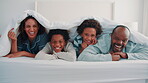 Love, support or black family in bedroom with face, security or bonding together on day off. Bedsheet, parents or children in house with portrait, happy moment or caring relationship on weekend break