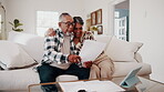 Hug, budget and documents with old couple in home living room for finance or wealth management. Feedback, paperwork and tablet with senior people in apartment for accounting, banking or investment