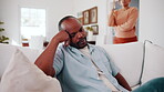 Tired, couple or man in house with argument, fight or frustrated in toxic relationship. Tension, fatigue or people in home with disagreement, partner disappointment or mistake in marriage crisis.