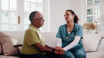 Holding hands, nurse and senior man for support, empathy and advice at consultation or visit. Happy caregiver, assisted living and old person with kindness, communication or care in retirement home