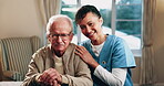 Face, hug and nurse with senior man in home for healthcare, elderly support or wellness in house. Retirement, caregiver and happy old person with patient care, homecare and kindness in recovery