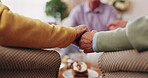 Holding hands, prayer and support with old people in retirement home together for belief or faith. Empathy, praying and religion with senior friends in apartment for bonding, christianity or praise