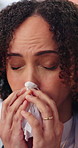Sick, tissue and woman in home with blowing nose, flu season and illness symptoms with hayfever. Health, sinus issue and person with paper napkin, germ infection and congestion with allergies.