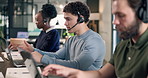 Call center, office and man on laptop for consulting, contact us and virtual assistance with headset. Coworking, talking and people with tech for customer service, online advice and crm support