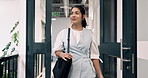 Office, walk and arrival of business woman with thinking, planning and ready to start day. Professional, reflection and person in workplace with vision, morning commute and punctual with handbag