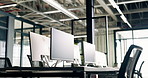 Office, equipment and computer with empty space for company startup or business operations. Chairs, technology or screens in workplace for design, development or job opportunity in corporate building
