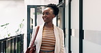 Smile, walk and arrival of business woman with thinking, planning and ready to start day. Professional, reflection or African person in workplace with vision, morning commute or punctual with handbag