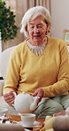 Happy, talking and tea party with old woman in house for visit, communication and bonding. Senior person, retirement and relax with drink on living room couch for brunch, dessert or friendly chat