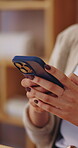 Texting, phone or hands in house with connection, internet research or conversation on online app. Typing, space or woman with technology, web search or digital communication on chatting platform.