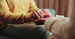 Holding hands, old woman and person with empathy on home sofa for care, love or visit from daughter. Touch, together and elderly patient with dementia, trust and communication for healing or support