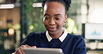 Tablet, reading and black woman in office with research for revenue growth on investment report. Smile, digital technology and financial advisor with email feedback on finance risk management on app.