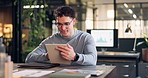 Smile, business and man in office with tablet, research and data analysis for finance report. Male person, typing and reading in workplace with tech, financial audit and statistics for company profit