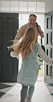 Front door, home and child running to dad for hug, welcome and greeting for arrival or return from work. Happy man, girl kid or daughter in family house with love, flare or reunion and security
