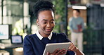 Tablet, happy and black woman in office with research for revenue growth on investment report. Smile, digital technology and financial advisor with email feedback on finance risk management on app.