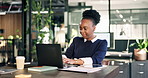 Laptop, typing and black woman in office with tablet for finance report on investment planning. Computer, digital technology and financial advisor with research for revenue growth in workplace.