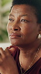 Lonely, woman and planning for choice, thinking and contemplating on weekend or remember past memory. Serious, reflection and mature black person with thoughts, nostalgia and pondering decision