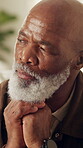 Serious, decision and senior man thinking on break, contemplating and remember past memory or lonely. Sad, reflection and elderly black person with thoughts, regret and pondering choice on weekend