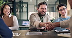 Smile, business people and shaking hands in office for financial deal, negotiation success or thanks. Happy team, agreement and handshake in meeting for investment collaboration, partnership or talk