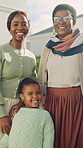 Smile, face and mother with child and grandmother outdoor for new home, generations and bonding. Love, connection and property purchase with women in backyard of black family house for support