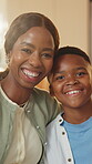 Support, mother or boy in house with face, security or bonding together in loving connection. Flare, portrait or black family in home with trust, happy moment or parent hug in healthy relationship.