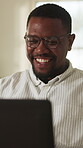 Laptop, laugh and black man with video call, remote work and financial advisor or budget plan in home. Tech, freelancer and account manager in house for communication, investment joke or portfolio