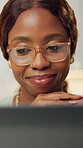 Remote work, glasses or black woman with laptop, proofreading or novel edit in creative process. WFH, eyewear or author in house with tech, reading manuscript or chapter planning in story development