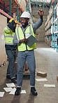 Tablet, dance and logistics employees in warehouse for good news, delivery or order confirmation. Happy digital technology and team of supply chain managers with celebration on cargo approval.