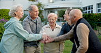 Fitness, outdoor and senior people with cheering for exercise, bonding or retirement connection. Happy, hand stack and group of elderly friends with celebration for health, wellness or active goal.