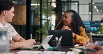 Meeting, finance and business woman with team, discussion and trading numbers with daily brief. Manager, group and feedback for financial collaboration, stock exchange data and planning in office
